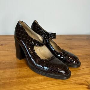 FREELANCE Dark Brown Croc Embossed Leather Mary Jane Block Heels Size 41